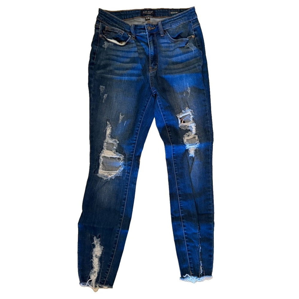 Judy Blue Jeans Womens 9/29 Skinny Distressed Ripped Raw Hem Medium Wash